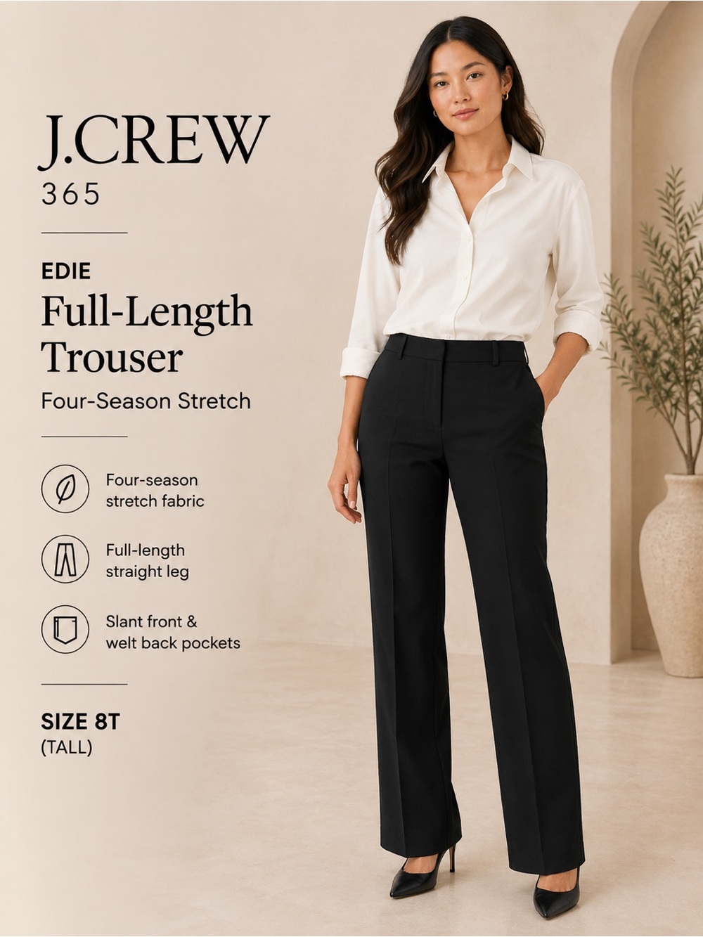 J.Crew 365 Edie Full-Length Trouser Black Size 8T – NWT